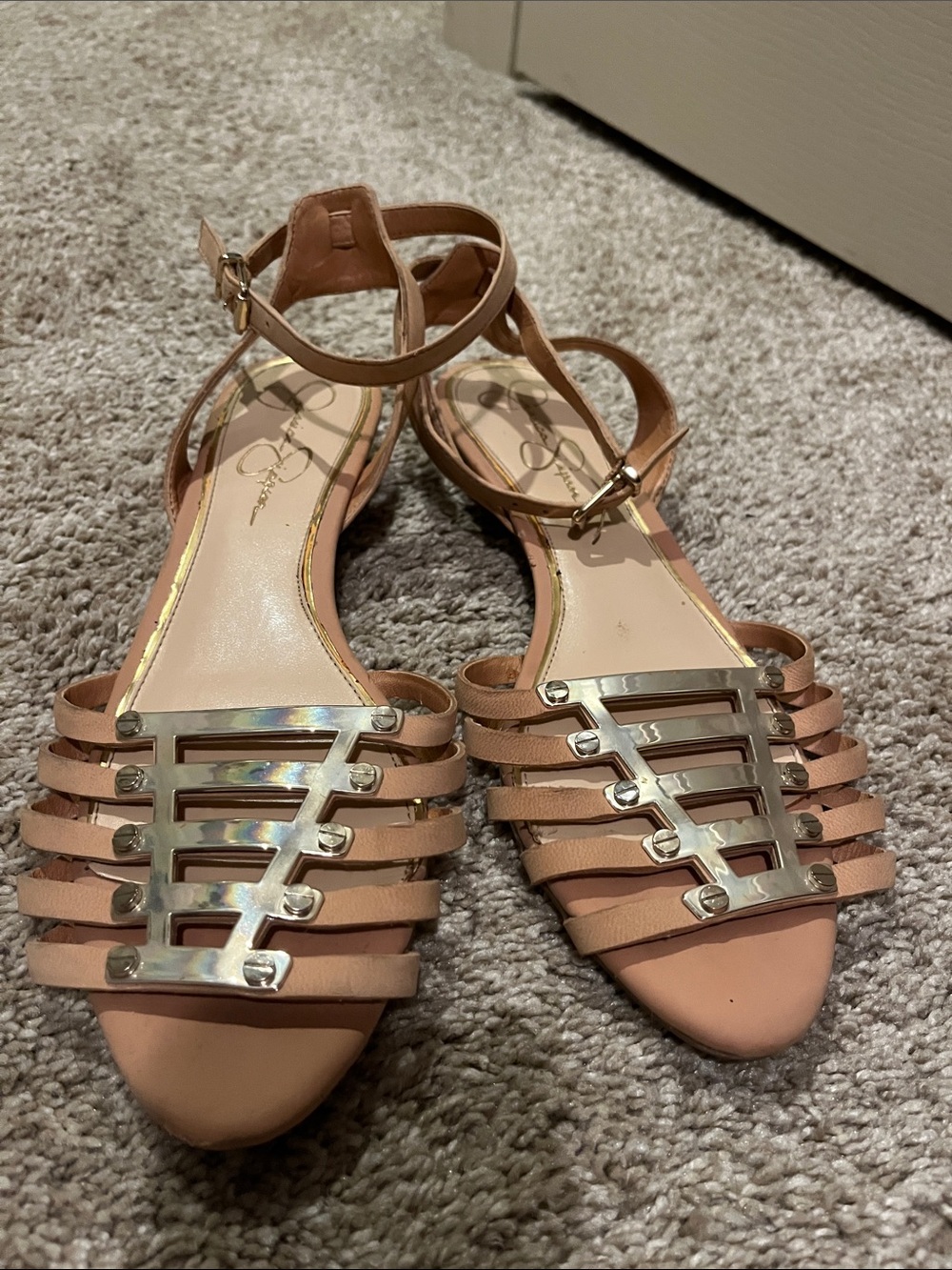 Jessica Simpson Strappy Camel Ankle-Wrap Sandals with Metallic Ladder Accent